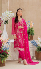 Shamooz- Mushq Volume 3. Wrap yourself in beautiful design with elegant embroidered along with adornment handwork. Paired with raw silk pants and a chiffon dupatta adorned with embroidered work, this outfit is a masterpiece of timeless beauty .