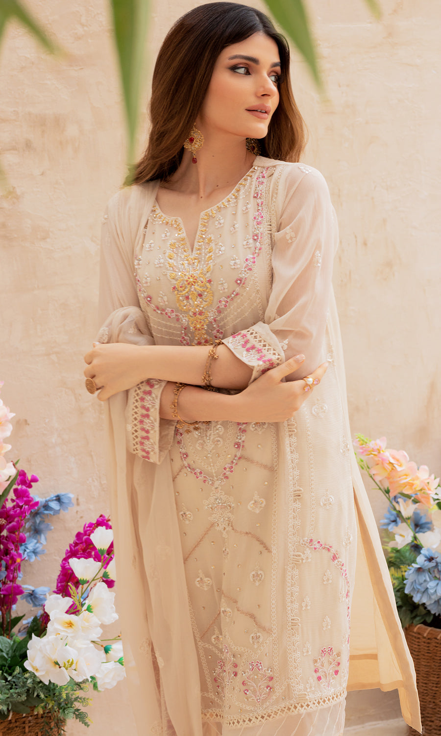 Shamooz- Mushq volume 3. This elegance with style masterpiece with pastel color and embrodiery work on the front and side panel that enhances a blush of color.This elegant hand-embellished add-on sparkle of glamour.This ensemble is a perfect balance of every occassion.