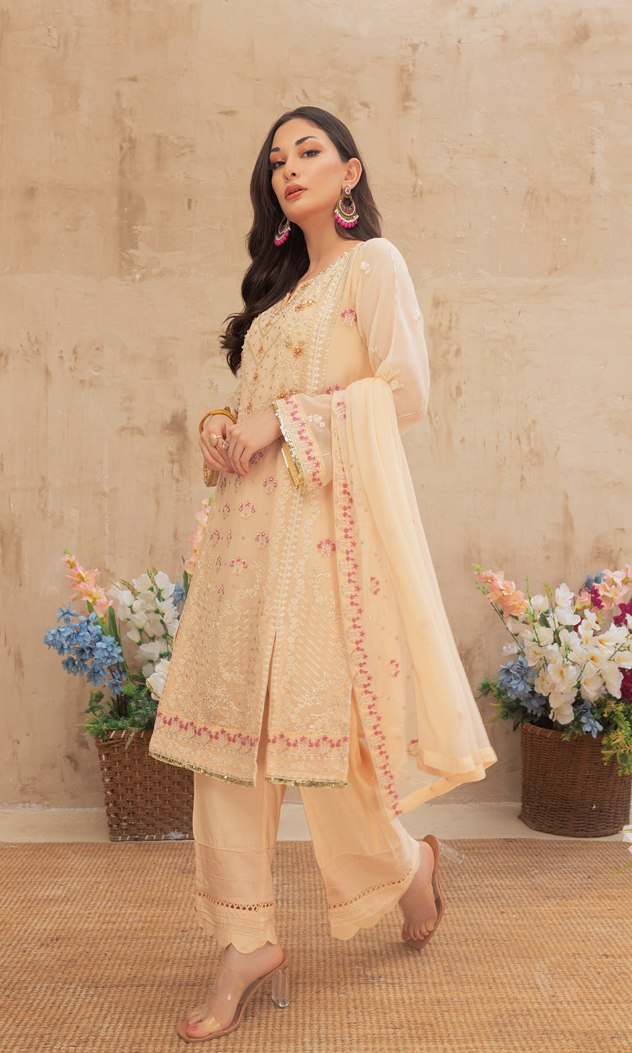 Shamooz. Mushq Volume 3. This elegance with style masterpiece with pastel color and embrodiery work on the front and side panel that enhances a blush of color.This elegant hand-embellished add-on sparkle of glamour.This ensemble is a perfect balance of every occassion.