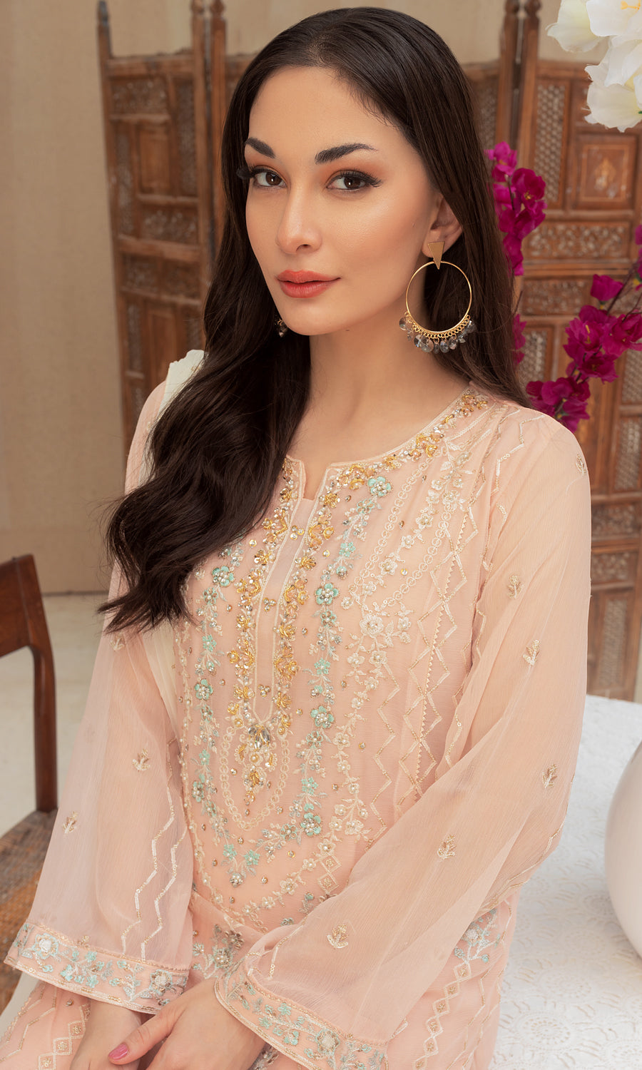 Shamooz. Mushq Volume 3. This elegance masterpiece style with pastel color and embrodiery work on the front and side panel that enhances a glow of color.The elegant hand-embellished add-on sparkle of glamour.This ensemble is a perfect balance for occassion.