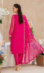 Shamooz- Mushq Volume 3. Wrap yourself in beautiful design with elegant embroidered along with adornment handwork. Paired with raw silk pants and a chiffon dupatta adorned with embroidered work, this outfit is a masterpiece of timeless beauty .